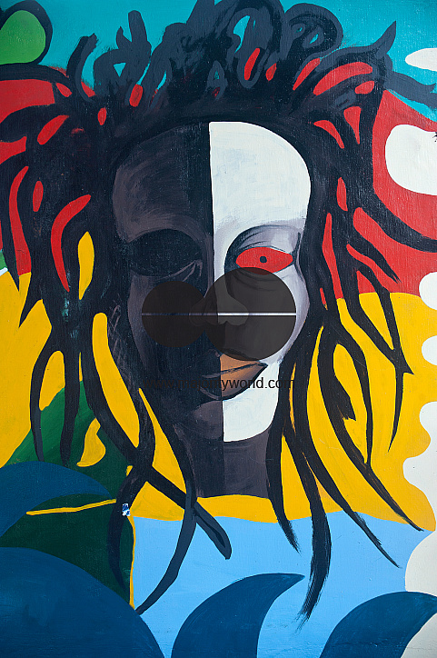 Mauritius. Painted sign of Rastafarian face. near Mahebourg.