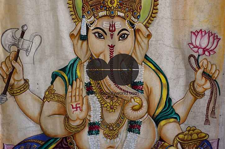 Sri Lanka. Lord Ganesh painted on cloth screen.  Small Hindu Kovil in the village of Tirukovil. East Coast.