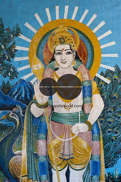 Sri Lanka. Lord Murugan. Painted Hindu shrine wall at Sangamankanda.