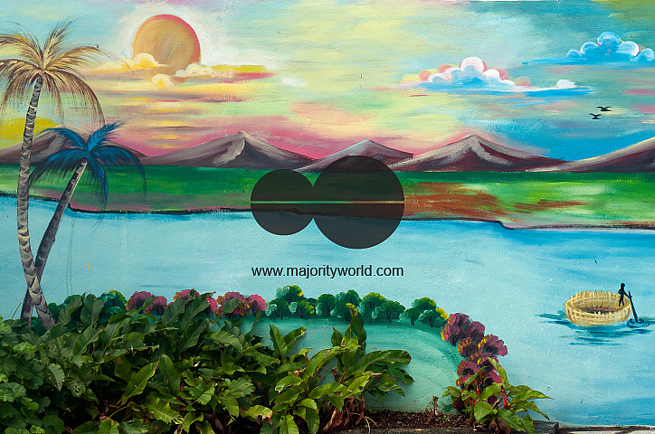 Mauritius. Landscape painted on the boundary wall of a Hindu temple.