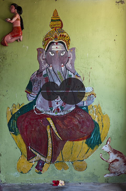 Sri Lanka. Lord Ganesh painted on wall of  small Hindu Kovil in the village of Tirukovil. East Coast.