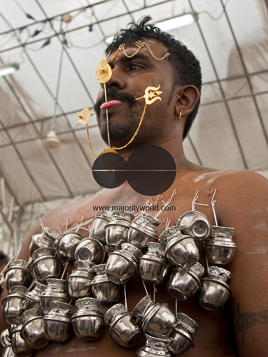 Singapore.17 January,2014. Thaipusam Hindu Tamil festival celebrated in Little India, Singapore. Some devotees have their bodies pierced with skewers