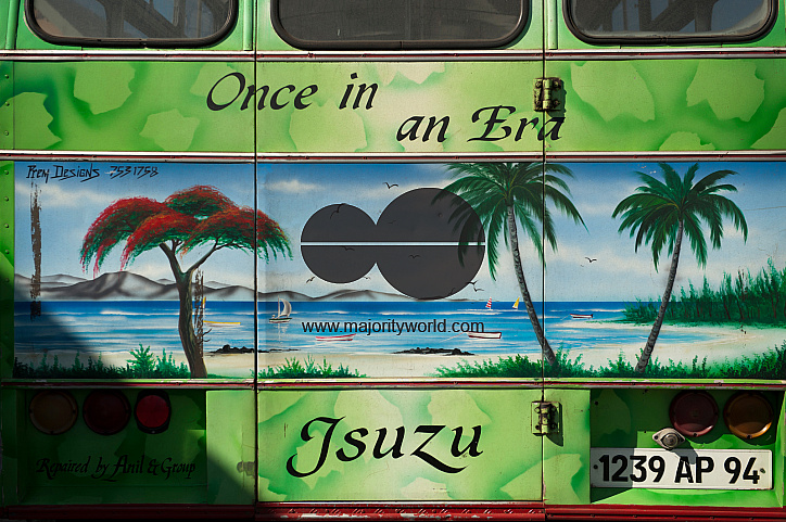 Mauritius. 'Once in an Era' Back of a bus.