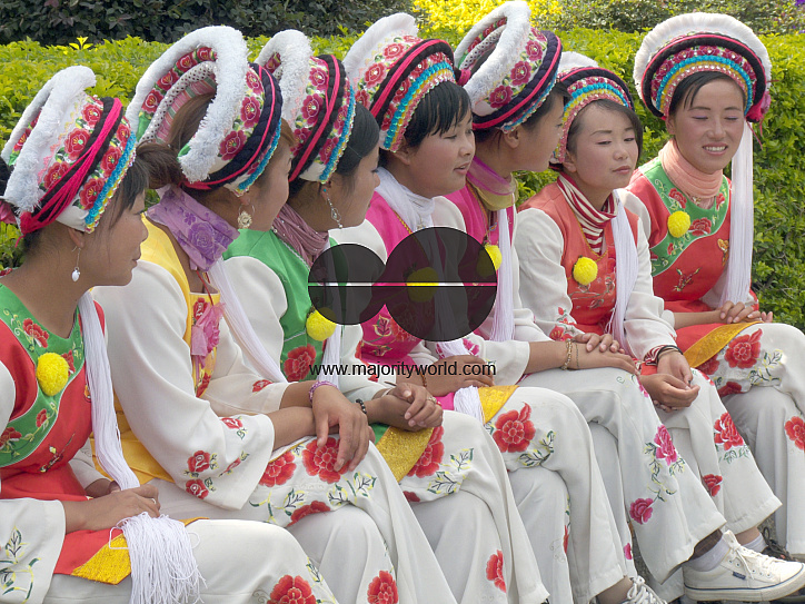 CHINA Ethnic Bei women dressed in traditional costume in Dali, Yunnan province.