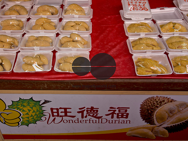 Durian fruit for sale in shops in Chinatown on the eve of Chinese New Year in Singapore