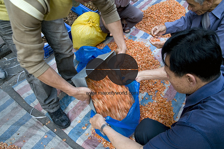CHINA Migrant workers from the countryside working as self-employed street vendors of shrimp paste in Guangzhou, Guangdong province.