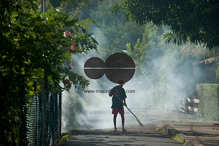 Mauritius. Sweeping a street and burning leaves.