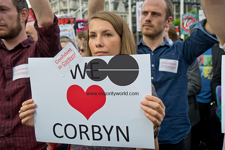 Supporters of Labour Party leader Jeremy Corbyn MP demonstrating outside Parliament to keep him as leader.