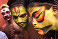 South Indian dancer prepare themselves before a stage show at a dance festival in Kolkata
