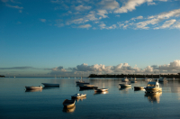 Mauritius. A view over boats on Grand Baie or Grand Bay. Early morning.
