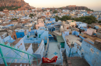  The view from a balcony in the old city of Jodhpur with the Mehrangarh fort in the background.