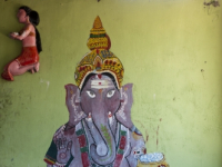 Sri Lanka. Lord Ganesh painted on wall of  small Hindu Kovil in the village of Tirukovil. East Coast.