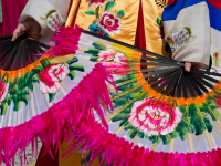 Korean traditional folk group dancing in a the Chingay festival in Singapore