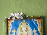 Sri Lanka. Lord Ganesh framed. Wall of  small Hindu Kovil in the village of Tirukovil. East Coast.
