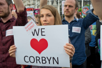 Supporters of Labour Party leader Jeremy Corbyn MP demonstrating outside Parliament to keep him as leader.