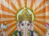 Sri Lanka. Lord Ganesh painted on cloth screen.  Small Hindu Kovil in the village of Tirukovil. East Coast.